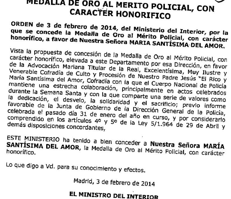 Orden Ministerio Interior medalla de oro Virgen del Amor 2014