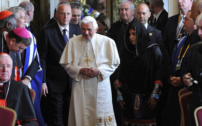 Baroness Warsi with Pope Benedict XVI during the 2010 papal visit to Britain (AP Photo/Toby Melville, Pool)