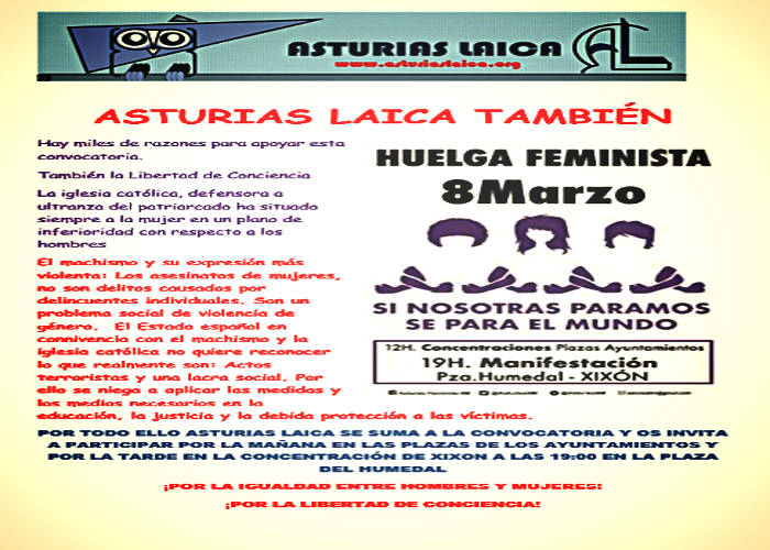 Asturias Laica También Apoya La Huelga Feminista Del 8m El Observatorio Del Laicismo 1207