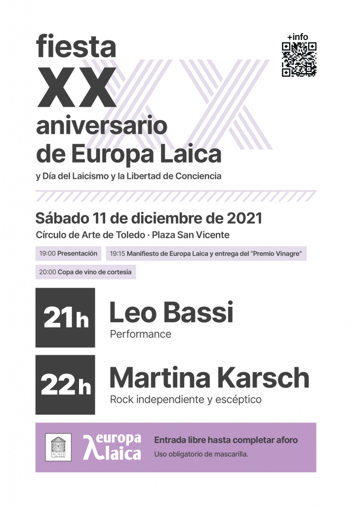 Cartel del XX aniversario de Europa Laica en el Círculo de Arte de Toledo para el 11.12.2021
