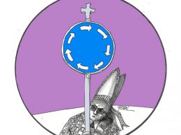 Viñeta de Goval con un obispo portando un poste de rotonda coronado con una cruz