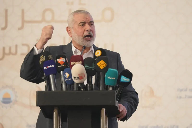 El jefe político de Hamás, Ismail Haniyeh, pronuncia un discurso durante la 12ª conferencia sobre Jerusalén titulada "Los Vanguardias de Jerusalén sostienen su Espada", en Estambul, Turquía, el 2 de diciembre de 2021