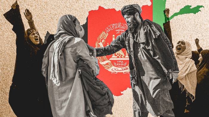 Composición fotográfica con imágenes de mujeres y talibanes de Afganistán