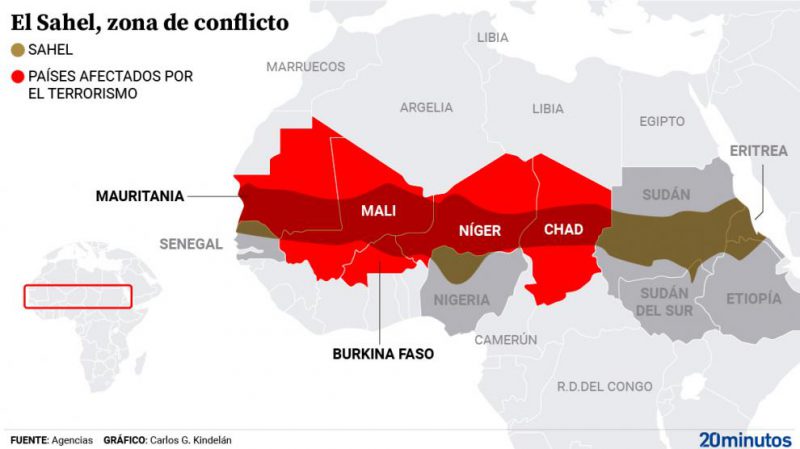 Mapa del Sahel y los países de la región afectados por el terrorismo.Carlos Gámez