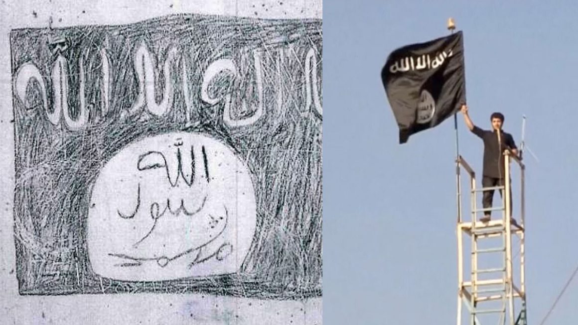 A la izquierda, una pintada yihadista en una prisión castellana reproduce la bandera de ISIS, a la derecha. / EL PERIÓDICO