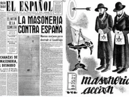 montaje realizado por periodistas-es.com con el semanario falangista El español de 1943 y la portada del panfleto «La masonería en acción», editado en Toledo en 1941.