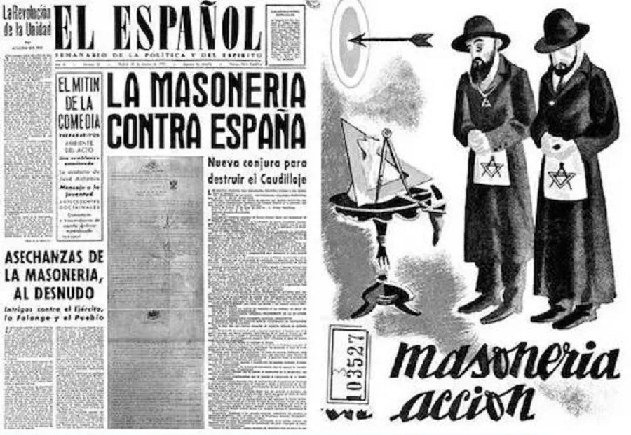 montaje realizado por periodistas-es.com con el semanario falangista El español de 1943 y la portada del panfleto «La masonería en acción», editado en Toledo en 1941.