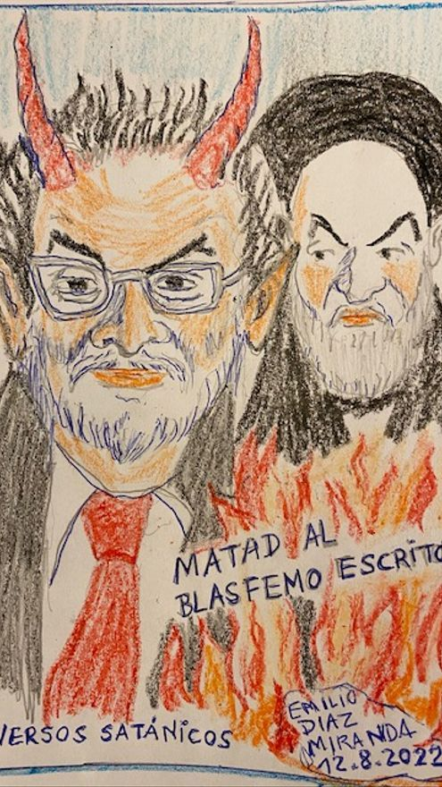 Dibujo caricatura de Emilio Díaz sobre Los Versos Satánicos, Salmán y el ayatola El-Jomeini