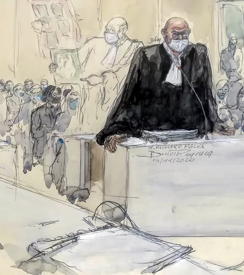 Malka, retratado en una sesión del juicio contra los autores del atentado contra Charlie Hebdo. BENOIT PEYRUCQ