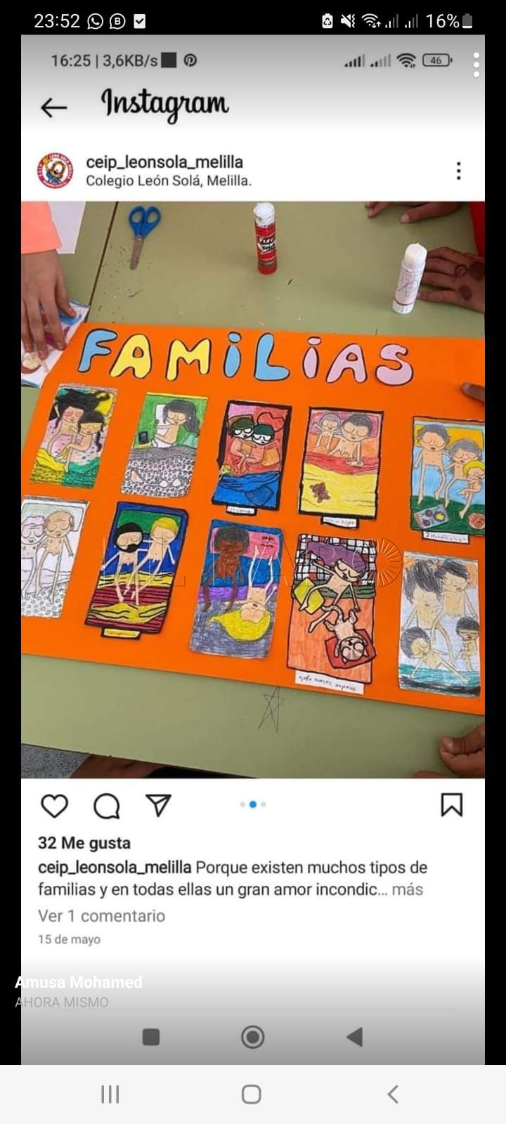Captura de pantalla de la publicación del CEIP León Solá de Melilla promocionando el taller de diversidad famliar