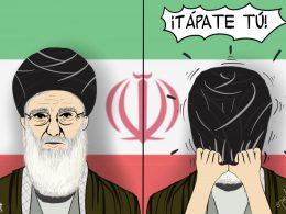 caricatura doble de un clérigo con la bandera iraní de fondo, primero con la cara descubierta y turbante, después las manos de una mujer le baja el turbante y le tapa la cara gritando: "¡tápate tú!"