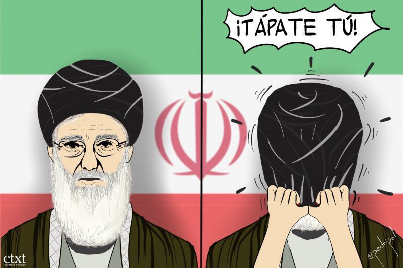 caricatura doble de un clérigo con la bandera iraní de fondo, primero con la cara descubierta y turbante, después las manos de una mujer le baja el turbante y le tapa la cara gritando: "¡tápate tú!"