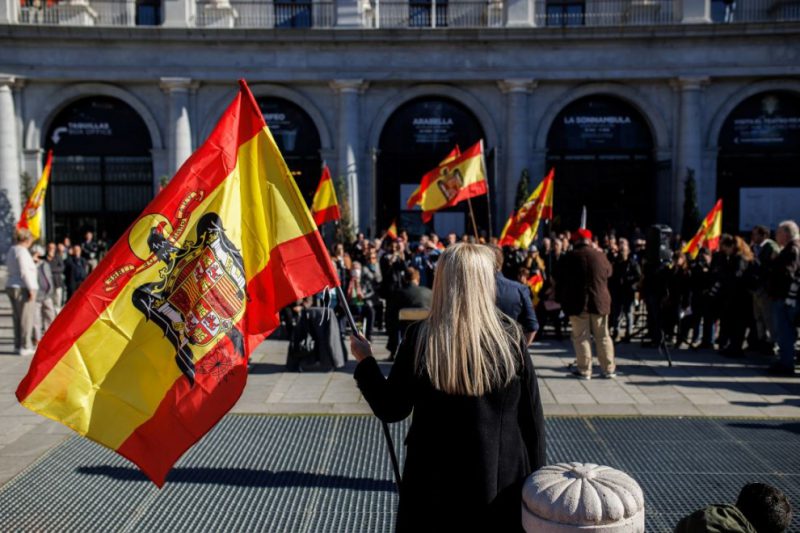 Una mujer con una bandera franquista durante el mitin celebrado este domingo 20 de noviembre por el Movimiento Católico Español en Madrid. — Foto: Alejandro Martínez Vélez