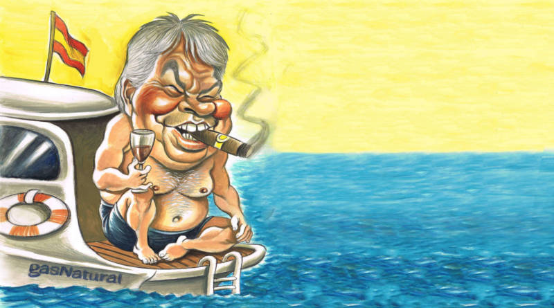 Caricatura de Felipe González fumando un puro y con un vino en bañador sobre un yate de Gas Natural. Ilustración: Joan Vizcarra.