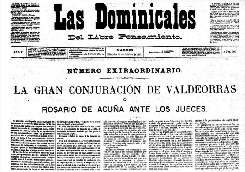 Fragmento de la portada del número extraordinario de «Las Dominicales» sobre la persecución a Rosario de Acuña.
