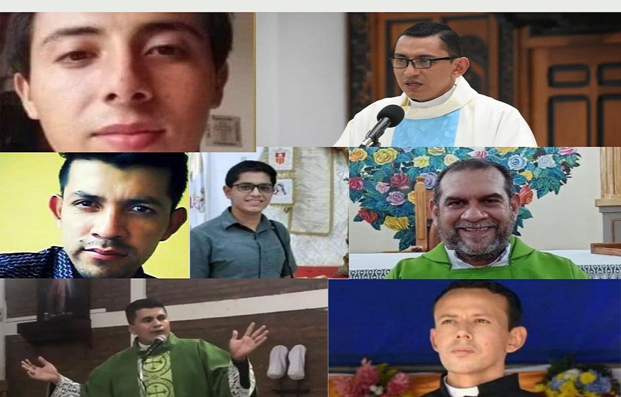 Collage de los seis religiosos y el laico juzgados por conspiración en Nicaragua
