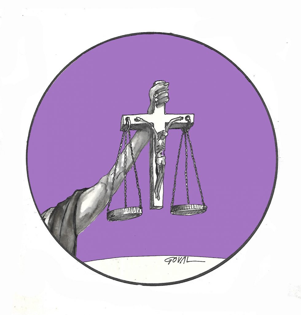Viñeta de Goval con un crucifijo a modo de balanza que representa la justicia confesional
