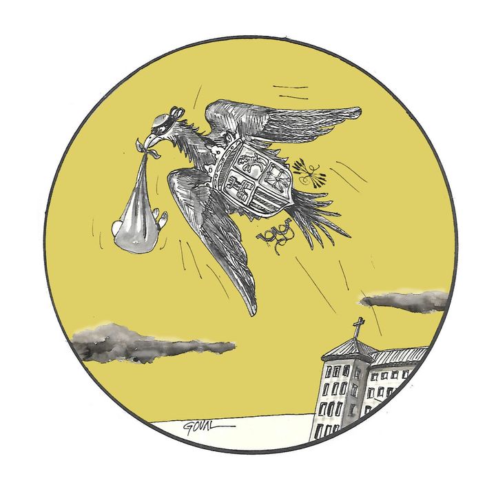 Viñeta de Goval en la que el águila del escudo franquista lleva un bebé en un pañuelo como se suelen representar a las cigüeñas