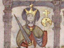 El rey godo Recaredo I, apresentado como santo en el "Compendio de crónicas de reyes" del siglo XIV