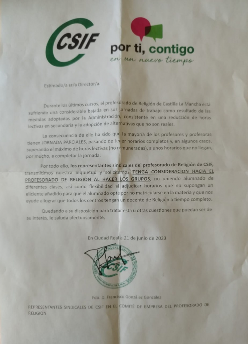 Carta de CSIF Castilla-La Mancha para el refuerzo de la religión en la educación