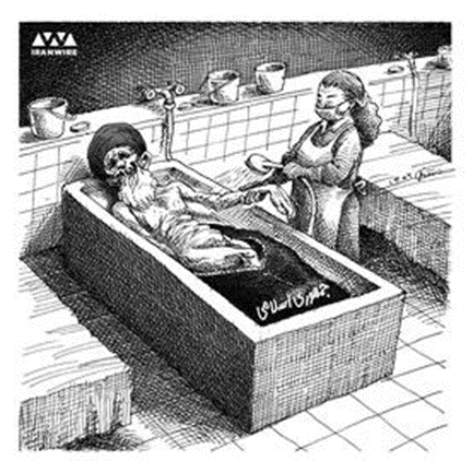 “Una mujer sin el velo lava el cadáver de la teocracia islámica”. Es la respuesta del caricaturista iraní Mana Neiyestani al auto de un Tribunal Islámico de Teherán, que condena a una mujer a lavar cadáveres en la morgue durante un mes por negarse a llevar el velo.