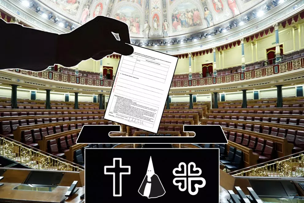 Composición de una imagen del Congreso de los Diputados con el documento de la declaración de intereses económicos que presentan los diputados.