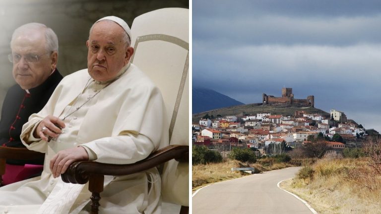 A la izquierda, el Papa Francisco fotografiado el 31 de enero de 2024 en el Vaticano. Foto: Evandro Inetti/ZUMA Press Wire/dpa. A la derecha, Trasmoz, provincia de Zaragoza (España).