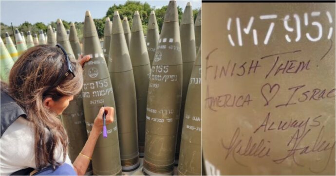 Nikki Haley, política estadounidense del Partido Republicano, firmando unos proyectiles israelís.- X