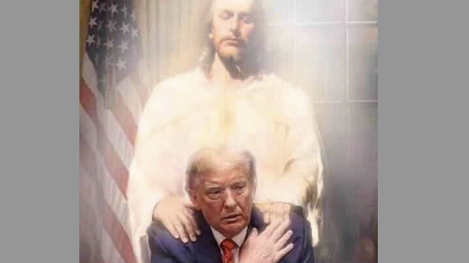 Imagen de Jesús posando sus manos sobre los hombros de Trump. RRSS