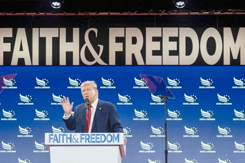 Donald Trump en la conferencia de la Coalición Fe y Libertad en Washington DC, el 22 de junio de 2024. AFP, CHRIS KLEPONIS