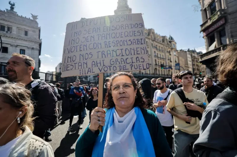 Una mujer sostiene una pancarta durante una manifestación contra el veto de Javier Milei a la ley de financiación universitaria, en Buenos Aires, a 9 de octubre de 2024. — Juan Ignacio Roncoroni / EFE