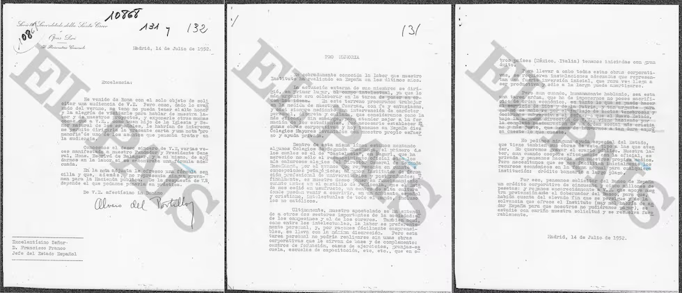 Carta de Álvaro del Portillo a Franco facilitada por el investigador británico Gareth Gore, autor de 'Opus' (Editorial Crítica)