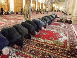 Muslims praying towards Mecca; Umayyad Mosque, Damascus.