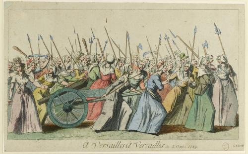 "A Versailles, à Versailles", aguafuerte anónima conservada en el Museo Carnavalet alusiva a la marcha de mujeres que el 5 de octubre de 1789 se trasladaron a Versalles para traer a París al rey, donde estaba mejor controlado por el pueblo de París