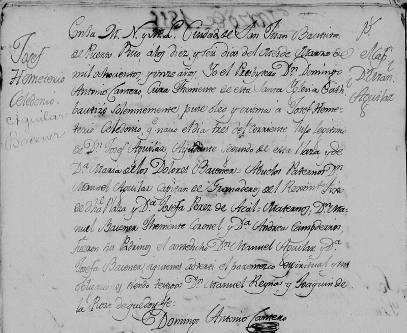 Esta Acta fue recuperada del Libro de Bautismos de 1807-1815 de la Cathedral de Ntra Señora de los Remedios de la Ciudad de San Juan Bautista de Puerto Rico