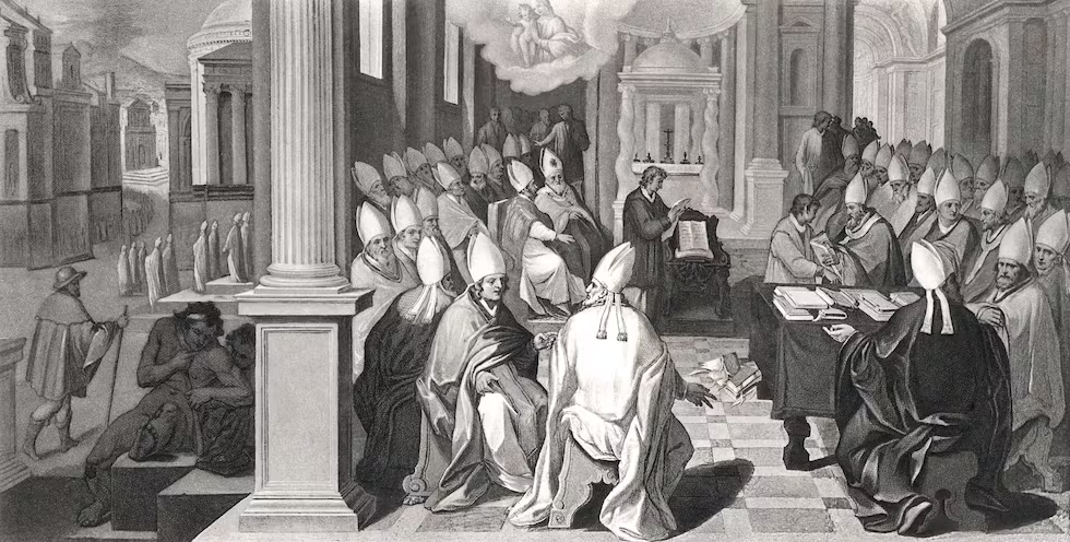 Cirilo, patriarca de Alejandría, y el rey Teodosio el Joven, en Concilio de Éfeso (431), según un grabado editado en París en 1869. Album / Documenta