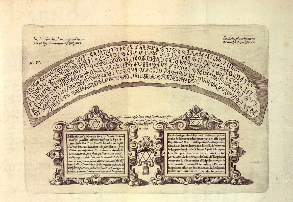Reproducción a buril de uno de los libros plúmbeos grabado por Francisco Heylan, 1624. Diego Nicolás Heredia Barnuevo, Mystico ramillete historico, chronologyco, panegyrico, … del Ambrosio de Granada … el Illmo. y V.Sr. Don Pedro de Castro, Vaca y Quiñones … Arzobispo de Granada, y Sevilla, y Fundador Magnifico de la Insigne Iglesia Colegial del Sacro Monte Illipulitano. Impreso en Granada en la Imprenta Real, 1741 (Wikimedia Commons).