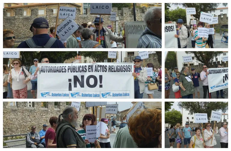 Collage de fotografías de la protesta de Asturias Laica contra la presencia de la alcaldesa y miembros de la Corporación (Foro, PP y Vox) en los actos religiosos por la festividad de San Pedro