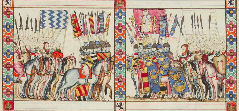 Miniatura con caballeros de órdenes militares. 'Cantigas de Santa María. Códice Rico', Cantiga 181. La obra está fechada entre 1280 y 1284.PATRIMONIO NACIONAL | REAL BIBLIOTECA DEL ESCORIAL