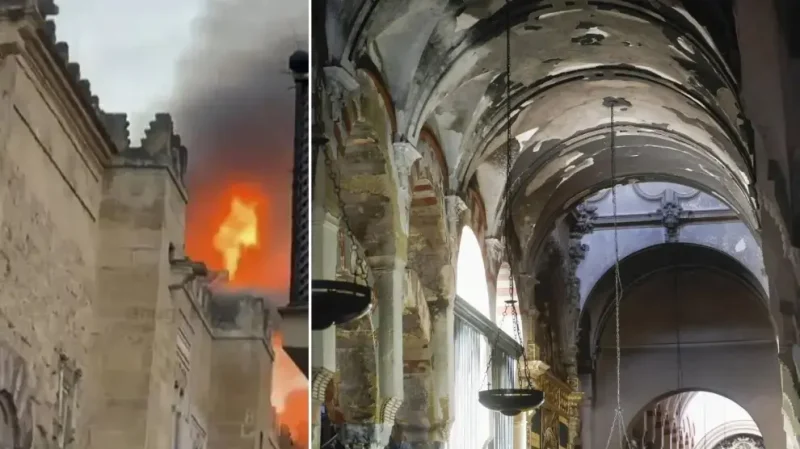 Imagen de las llamas vistas desde el exterior de la Mezquita de Córdoba, junto al techo calcinado en el interior.Redes