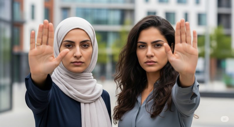 Imagen creada por IA de dos mujeres, una de ellas con velo islámico